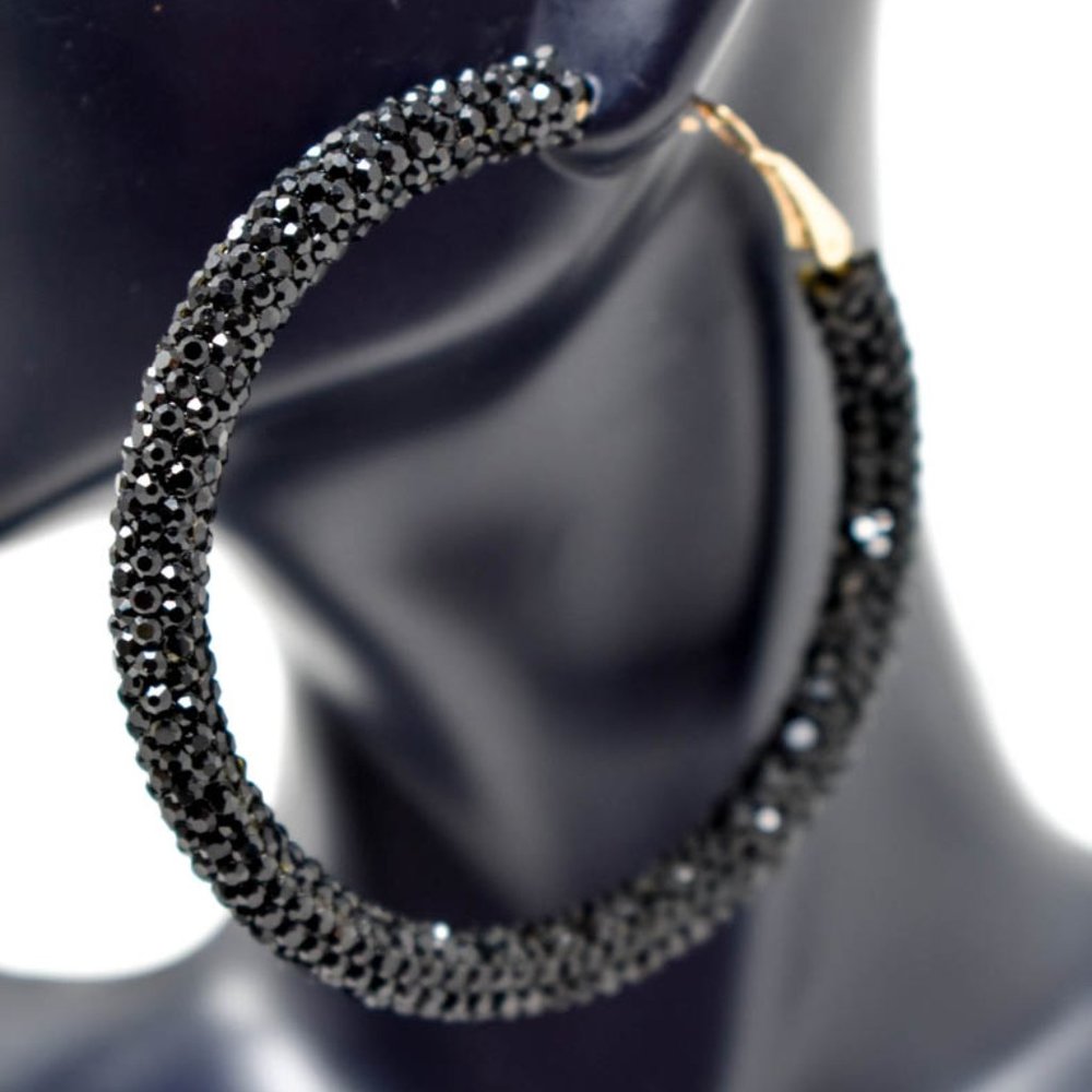 2.5" Black Rhinestones Wrap Pave Hoop Earrings